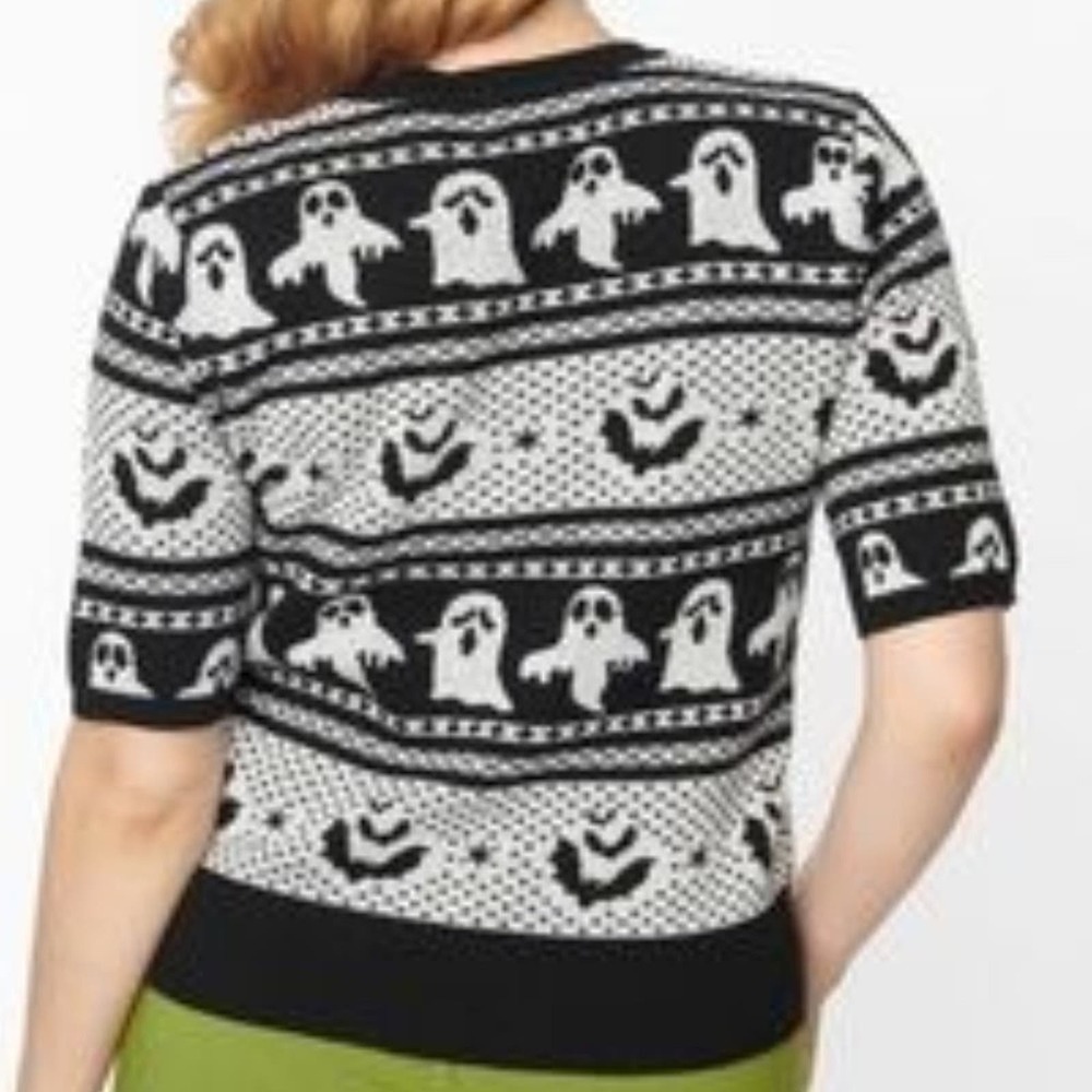 NWT Unique Vintage Black Black & Grey Ghost Delight Fair Isle Knit Top 3x - Picture 3 of 9